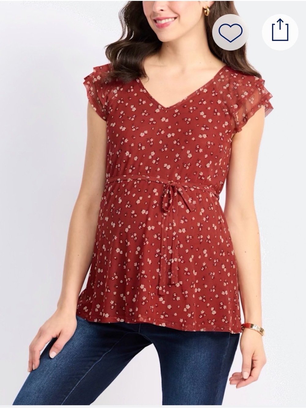 Full Moon Maternity Rust Floral V-Neck Tie-Waist Tunic Top